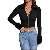 WDIRARA Women's Zip Up Fuzzy Long Sleeve Cardigan Sweater Collared Knit Cropped Outerwear