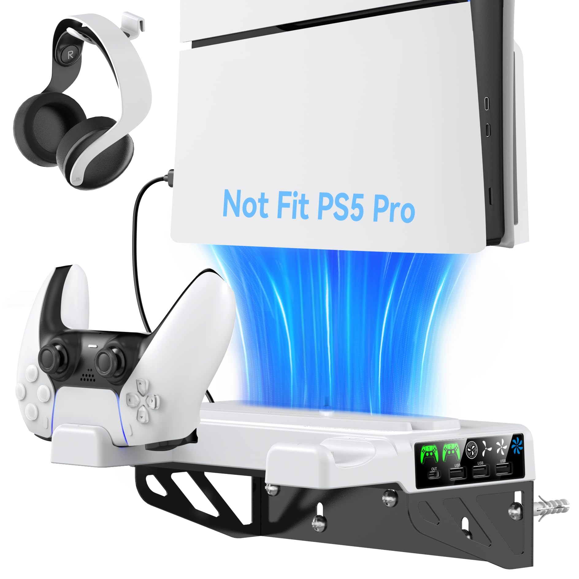 Photo 1 of PS5 Slim Wall Mount Kit with Cooling Fan & Charging Station, PS5 Shelf Floating Mount for PS5/PS5 Slim Disc & Digital Console, PS5 Wall Bracket Behind TV, PS5 Slim Accessories PS5 Cooling Station
