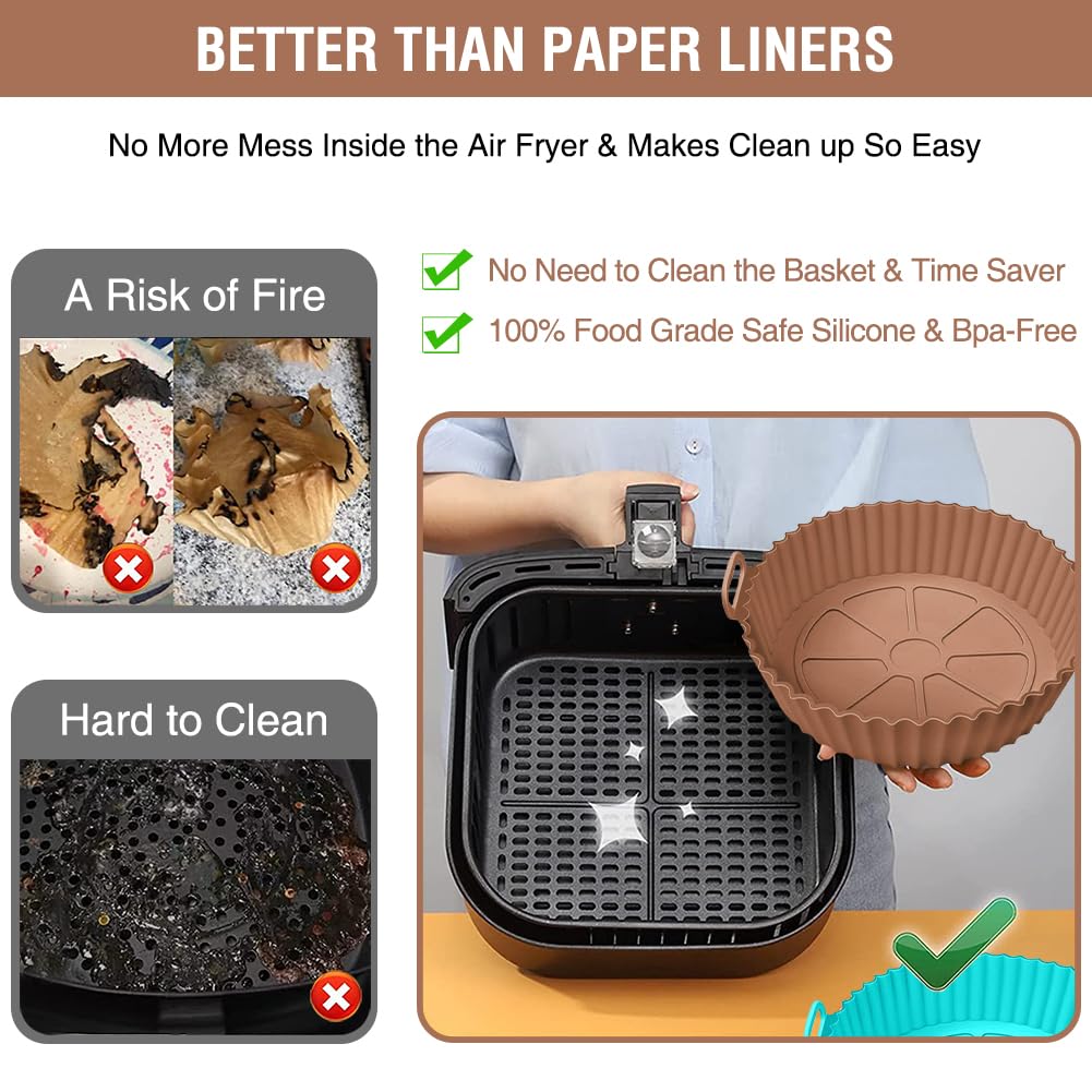 Silicone Air Fryer Liner 2 Pack, Xabzhzn 9 inch Non-Stick Reusable Air Fryer Liners for 5 to 6 7 8 QT Square and Round Basket, Airfryer Silicone Pot Baking Tray Oven Microwave Accessories, Blue+Brown