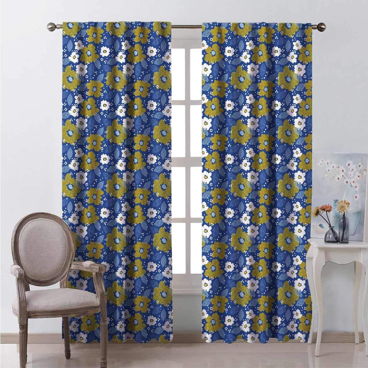 HELLOLEON Mid Century Modern Premium Blackout Curtains Floral Gaps and Dashes Brush Leaves Kindergarten Noise Reduction Curtains W52 x L72 Inch Pale Earth Yellow Violet Blue and Pale Sky Blue