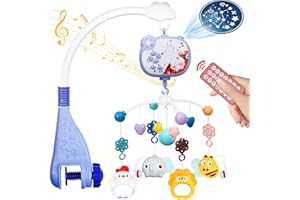HCFJEH Crib Mobile with Music and Lights, Baby Mobile for Crib Toys with Rotation, Remote Control, Projection, Nursery Crib Musical Mobile for Bassinets Arm Clip On Hanging for Infant Boys Girls Toddles Blue