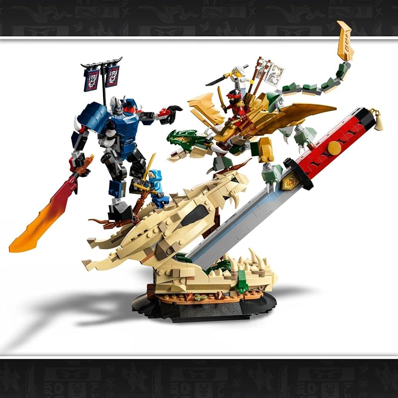 Ninjago Battle at the Dragon's Sword – Figuras de Dragão & Mech – 4 Minifiguras de Katana de Brincar – Decoração do Quarto – Presente para Idades 9+ & Ventiladores – 71871