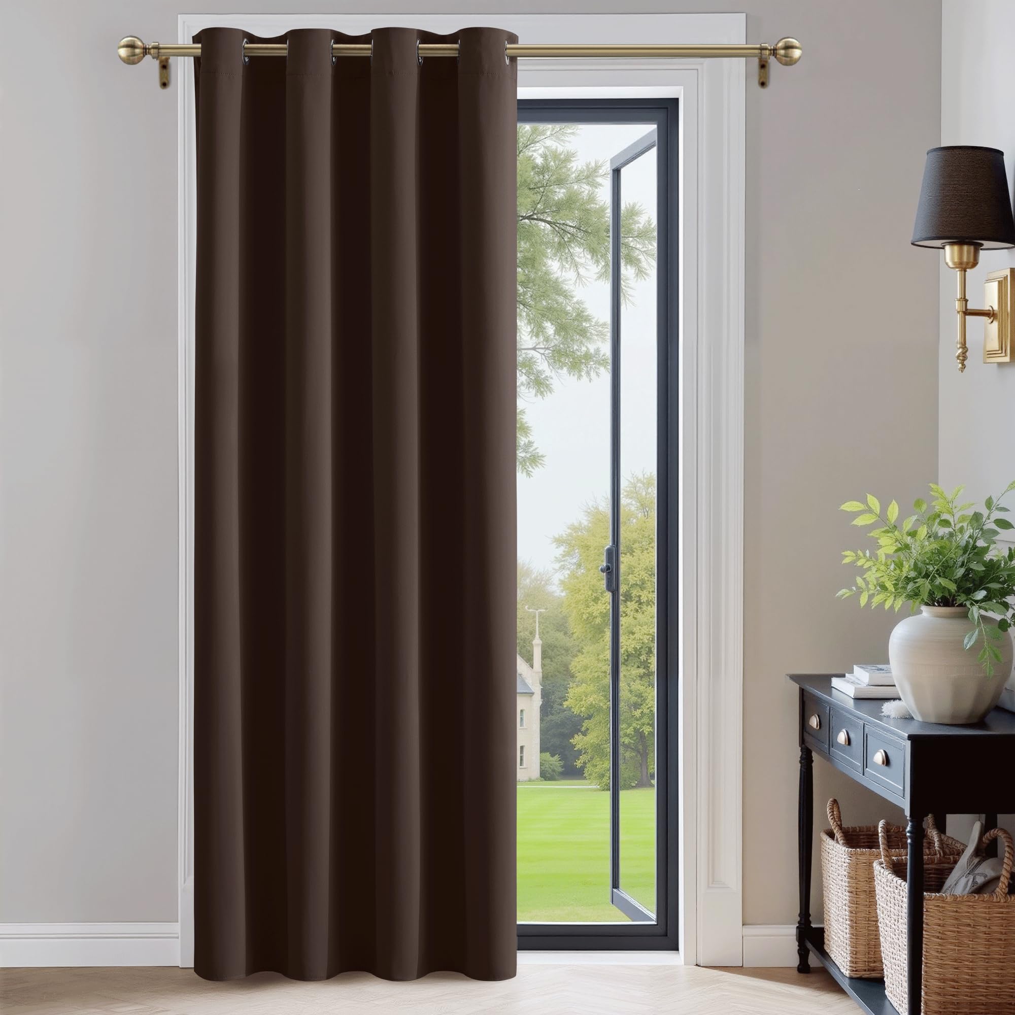 PONY DANCE Thermal Blackout Curtain - 52 x 84 inch Eyelet Blackout Curtain for Patio Room Darkening & Energy Saving Window Drape for Living Room, 1 Panel, Brown