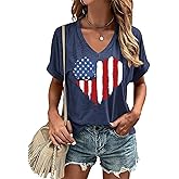 Patriotic Shirts V-Neck Women Memorial Day Tshirt Red White and Blue Short Sleeve Tee USA Flag T-Shirt