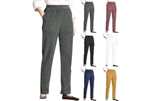 EOEIOA Fall Winter Corduroy Pants for Women Elastic High Waist Vintage Straight Wide Leg Pants Lounge Work Trousers w/Pocket
