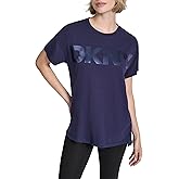 DKNY Womens Short Sleeve Jumbo Satin Logo Crew Neck T-Shirt