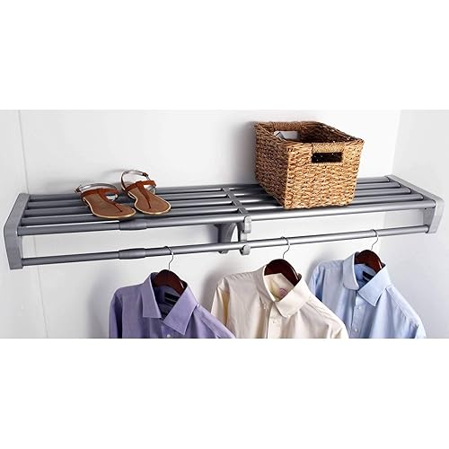 EZ Shelf- Closet Shelf with Hanging Rod, Expands Silver
