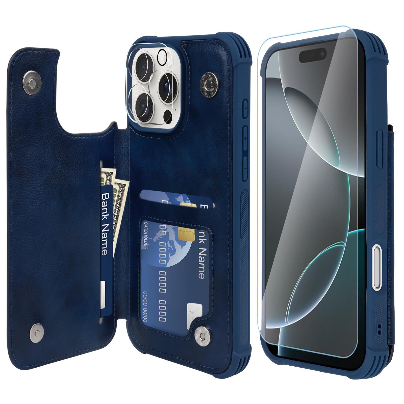 VANAVAGY Compatible for iPhone 16 Pro Wallet Case with Credit Card Holder,Rfid Leather Flip Folio Phone Cover Fits Magnetic Car Mount and Stand with Screen Camera Protector,Navy Blue