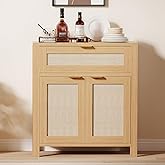 Rattan Buffet Cabinet with Storage, Boho Credenza Sideboard Cabinet with Drawer and Adjustable Shelves, Farmhouse Buffet Table Console Coffee Bar Cabinets for Entryway Living Room- Natural Oak