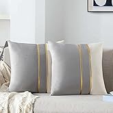 WACOMECO Velvet Throw Pillow Covers - Pack of 2 Soft Decorative Cushion Covers Cases with Gold Leather for Sofa Bedroom Livingroom Car, 18 x 18 in, Grey and White