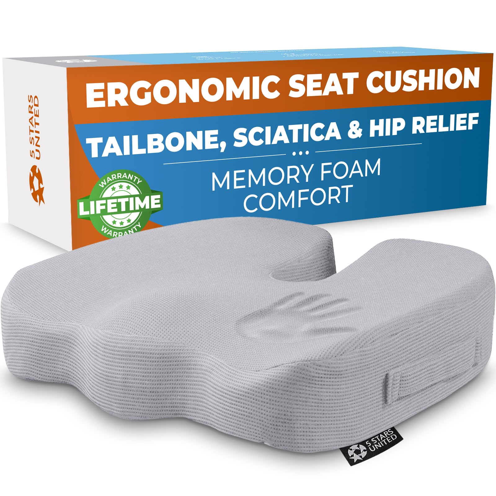 Photo 1 of 5 STARS UNITED Seat Cushion for Tailbone Pain Relief – Memory Foam Cushion for Coccyx, Hip, Hemorrhoid, Sciatica & Post-Surgery Recovery – Wheelchair, Car, Desk, Gaming & Office Chairs, L Gray