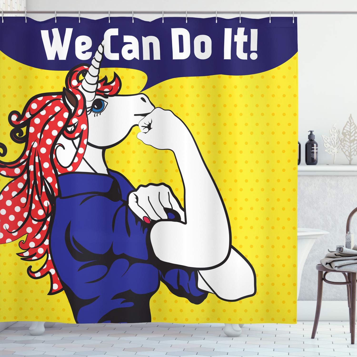 ABAKUHAUS Unicorn Shower Curtain, Feminist Unicorn Famous Gesture on Polka Dots Setting Strength Humor Image Artwork, Cloth Fabric Bathroom Decor Set with Hooks, 78 Inches, Multicolor