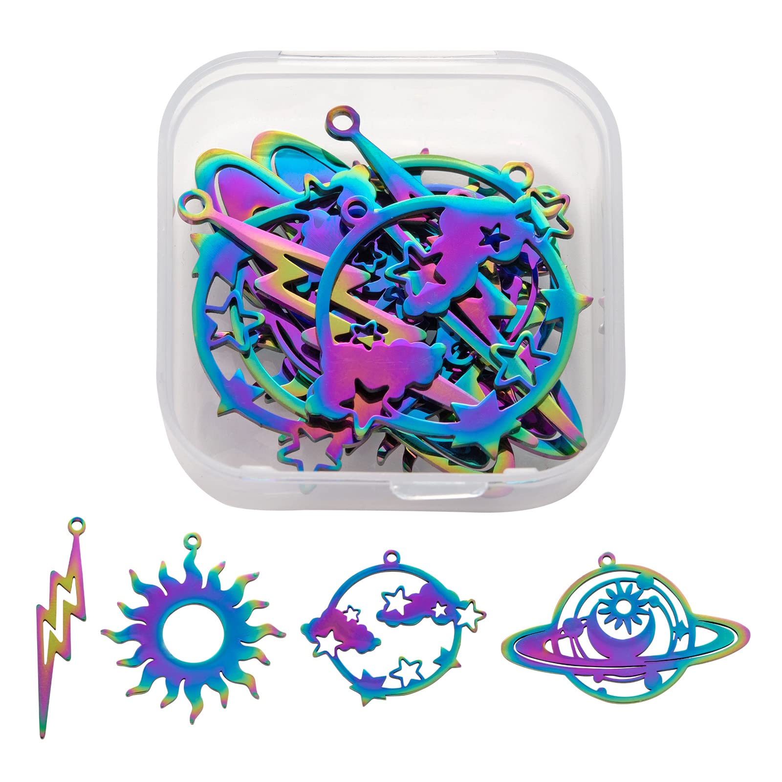 COGCHARGER 8 Pcs 4 Style 201 Stainless Steel Pendants Multi-color Planet Sun Charm Pendants Etched Metal Embellishments for Jewelry Necklace Making