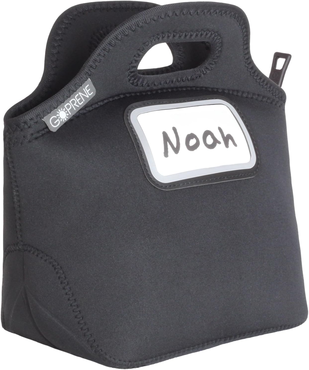 Identi Tote: Kids' Insulated Neoprene Lunch Bag with Reflective ID Card Pocket ~ Reusable, Foldable, Washable, Unisex, 28 x 28 x 16.5 cm (HxWxD), BLACK + 3 Blank Name Cards by GOPRENE