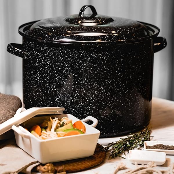 GRANITE WARE 21-QUART STOCKPOT, LARGE CAPACITY FOR SOUPS, STEWS, PASTA – DURABLE GRANITEWARE WITH NON-STICK SURFACE FOR EASY CLEANING – CHIP-RESISTANT & EVEN HEAT DISTRIBUTION (SPECKLED BLACK)
