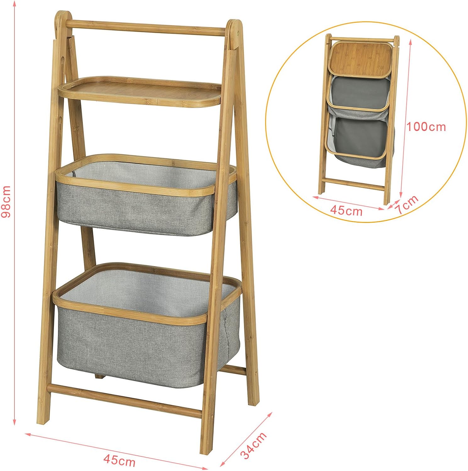 Sobuy Frg267 N 3 Tiers Foldable Bamboo Bathroom Shelf With 1 Shelf 2 Baskets Storage Display Shelving Unit Amazon Co Uk Diy Tools