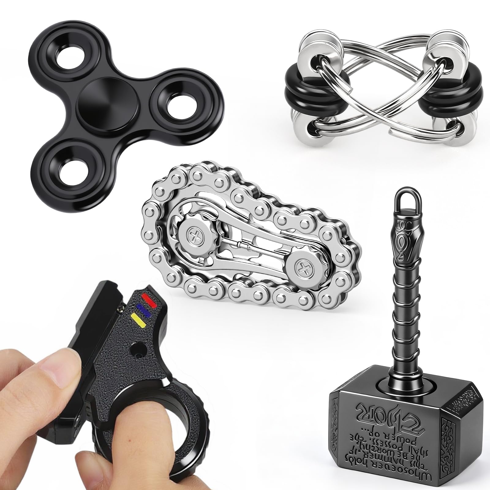 5PCS Fidget Spinner Toy Bluk Fdget Gun Finger Ring Hammer Cube Hand Chain Spin Gyro for Teens Adults