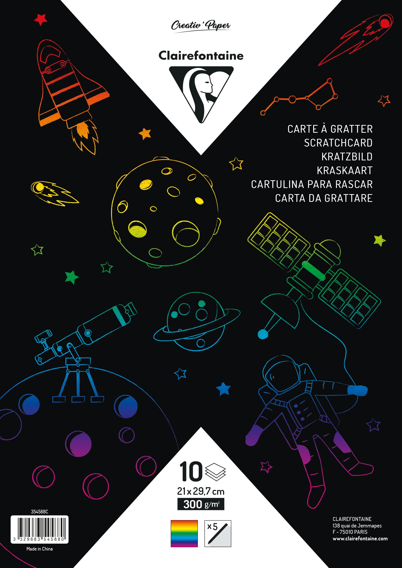 Clairefontaine 354588C Scratch Card 10 Scratch-Off Sheets 300g Cards 5 Wooden Sticks A4 format 21x29,7cm Rainbow design Drawing Writing Crafting Children Adults — image 1