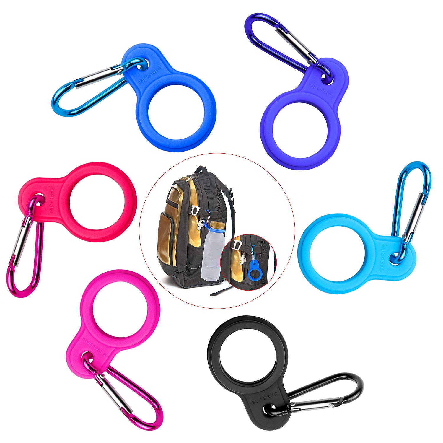 Homgaty 6 Pcs Silicone Water Bottle Buckle, Colorful Bottle Carrying Clip Holder Hook with Carabiner for Traveling Camping Hiking Outdoor Activities
