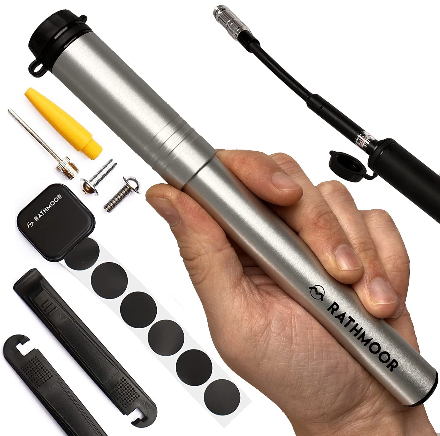 Rathmoor CNC Machined Bike Mini Pump with inline Gauge and Glueless Repair Kit (Silver)