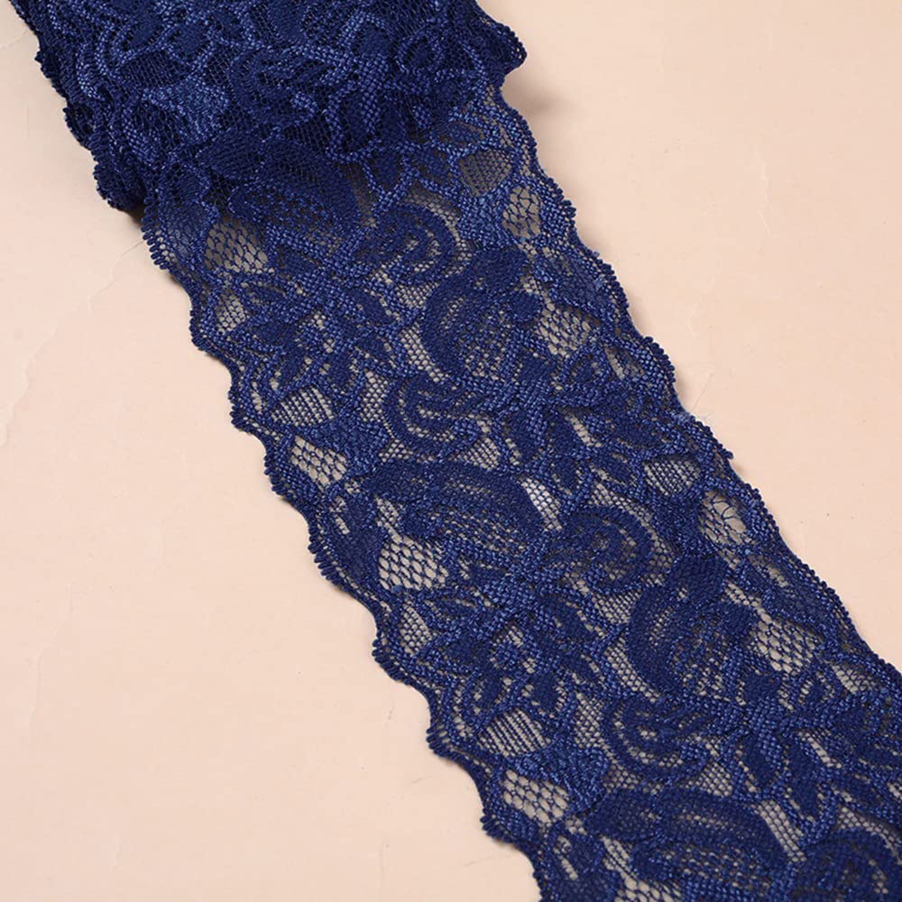5 Yards Elasticity Lace Border Lace Ribbon, 8 cm Wide Colourful Lace Flowers Border Decorative Lace Trim Lace Fabric Lace Trim for Sewing DIY Craft Clothing Underwear Navy Blue