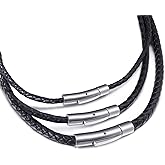 ELFASIO Black Braided Leather Cord Rope Necklace Chain Stainless Steel Clasp 3/4/5mm 16-30 inch
