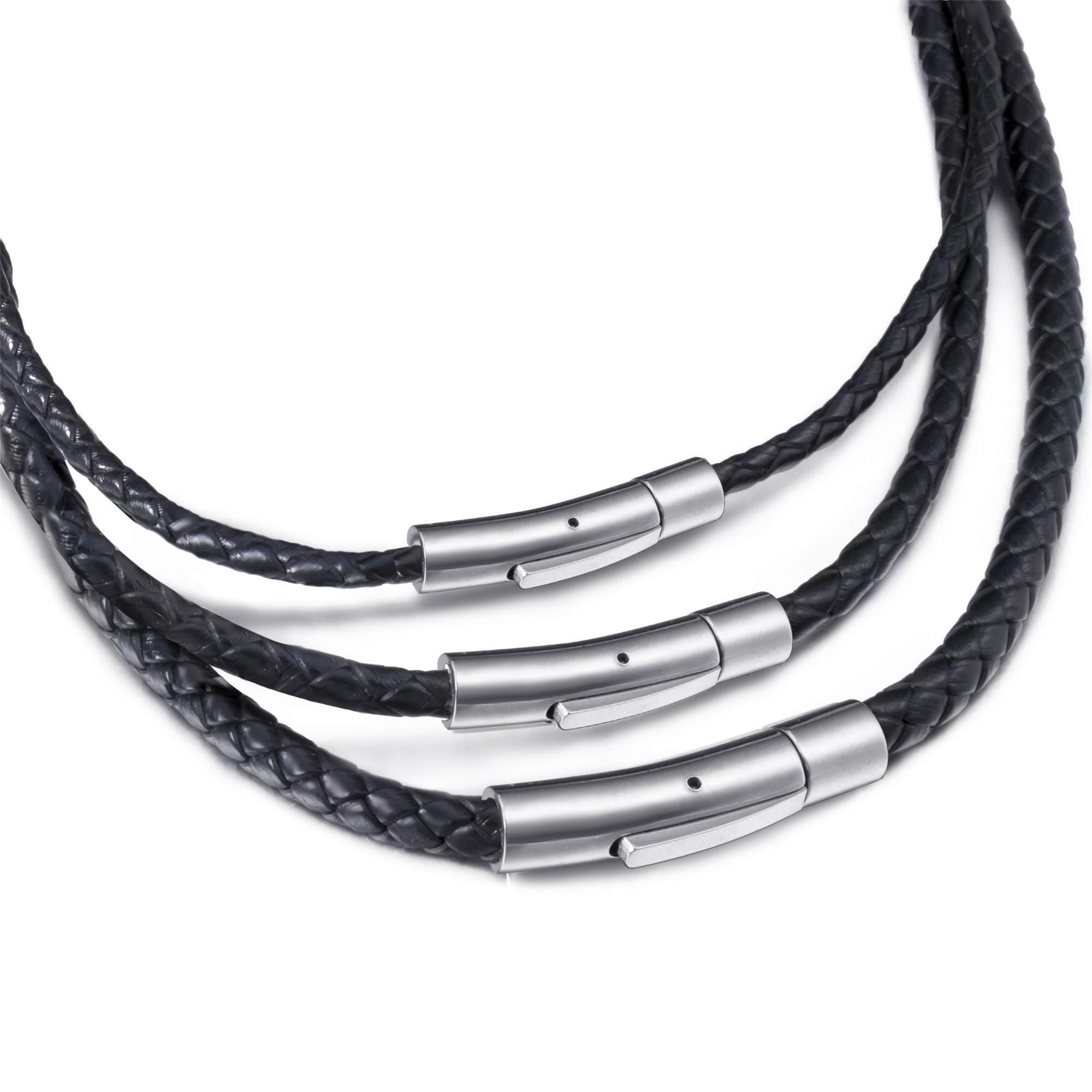 Elfasio Black Braided Leather Cord Rope Necklace Chain Stainless Steel Clasp 3/4/5mm 16-30 inch, Leather