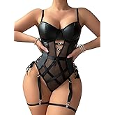 Foxiny Sexy Strappy Lace Up Underwire Sheer Leather Garter Belt Teddy Bodysuit Lingerie Top 2 Piece Set
