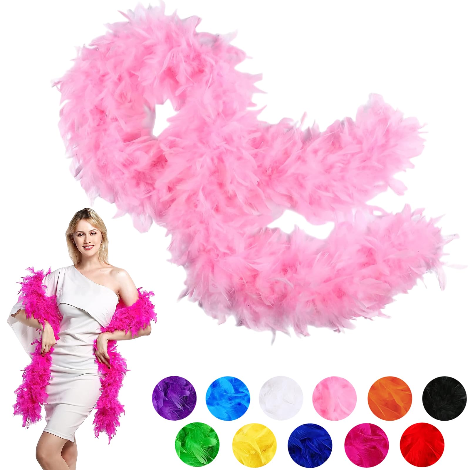 80g Pink Feather Boa Thick Fancy Dress for Adults,Kids,2m/6.6ft Natural Turkey Feather Boa Light Pink,Party Fluffy Boa Feather Scarffor Bulk for Women,Girls,Wedding Bachelor Halloween Christmas Party