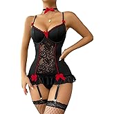 Lilosy Sexy Stocking Garter Belt Bows Floral Lace Babydoll Corset Push Up Teddy Lingerie Set with Panty