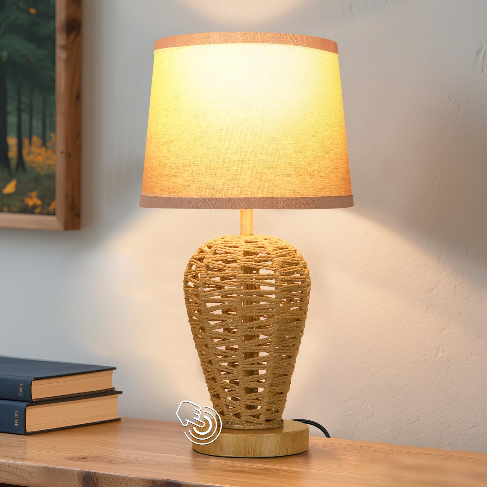 LEDIKON Touch Control Boho Table Lamp,3 Way Dimmable Rattan Bedside Nightstand Lamp with LED Bulb for Bedroom, Living Room, Office