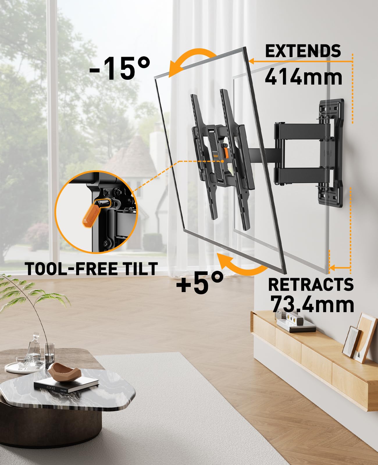 Perlegear TV Wandhalterung Schwenkbar Neigbar für 42-86 Zoll Flach & Curved Fernseher, TV Halterung max.VESA 600x400mm bis zu 60kg 3