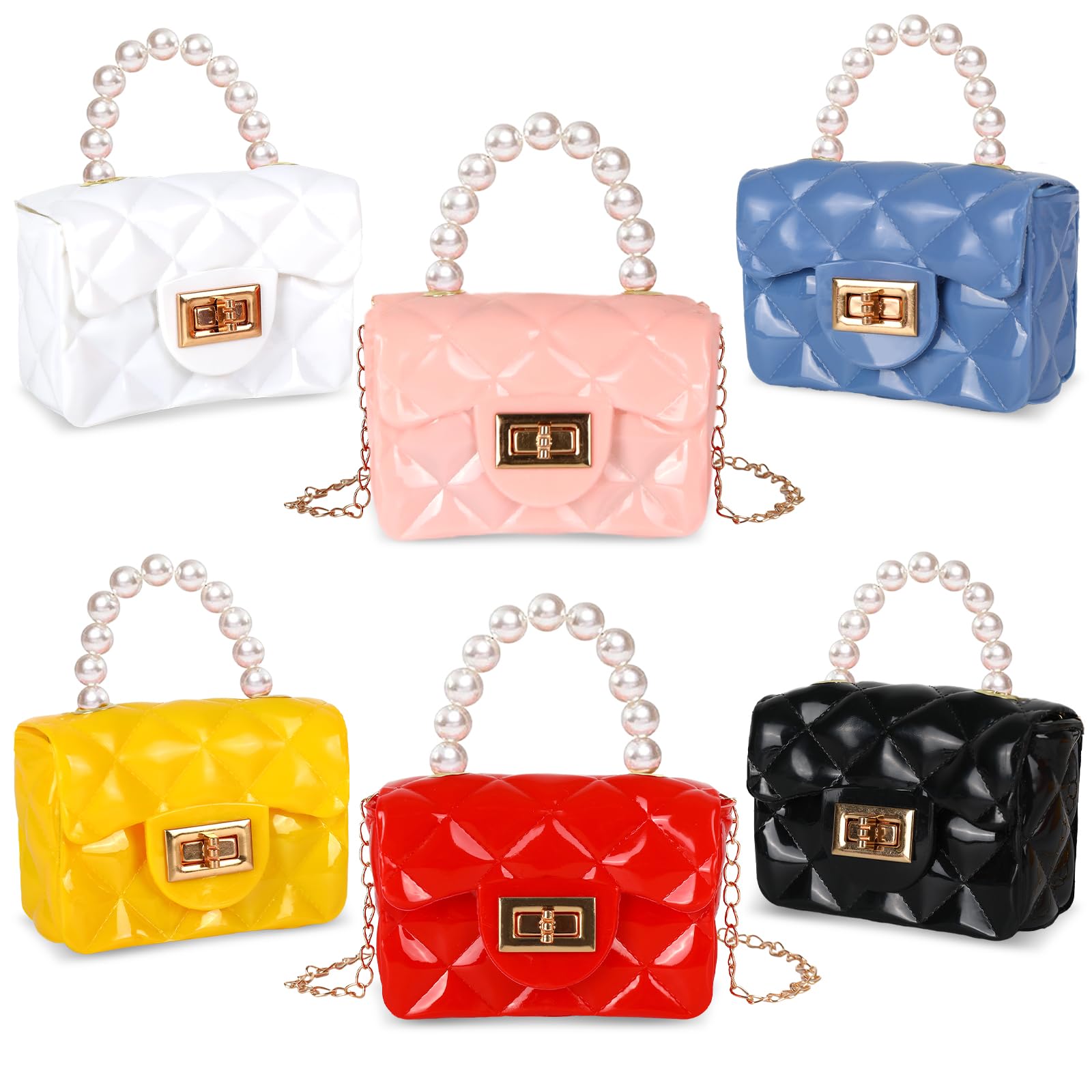 Photo 1 of Whaline 6Pcs Mini Purse Small PVC Jelly Crossbody Bag Cute Toddler Princess Handbag with Pearl Handle for Women Girl Bridesmaid Birthday Party Gift Supplies