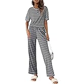 Ekouaer Lounge Sets for Women Waffle Knit Womens Pajama Sets 2 Piece Pjs Sets with Pockets Short Sleeve Top Long Pant