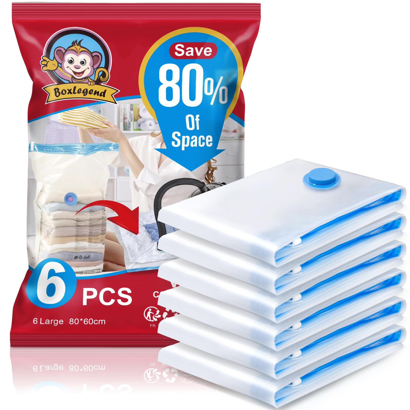 BoxLegend Vacuum Storage Bags Space Saving Bags 6 Pieces 80x60cm Premium Ultra Strong, Anti-Leak & Reusable for Clothes, Bedding & Duvets, Suitable for Camping, business Trip, Home Storage