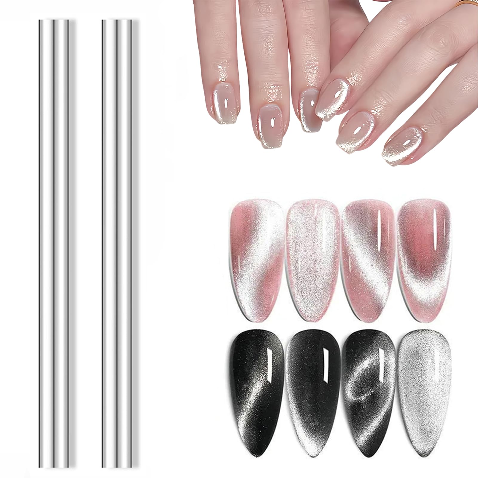 Cat Eye Magnet, 2PCS Cat Eye Gel Nail Polish Magnet Tools Set, Ultra-Strong Suction Nail Magnet for Nails Round Magnet Stick Cat Eye Effect Double Ended Home Salon Nail Art Tools