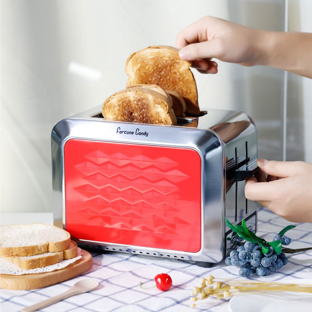 Fortune Candy Toaster,Red 2-Slice Toaster,Stainless Steel Toaster with Extra Wide Slots,Removable Crumb Tray,High Lift Lever,Bagel Defrost Reheat Cancel Function,7 Toast Shade Settings
