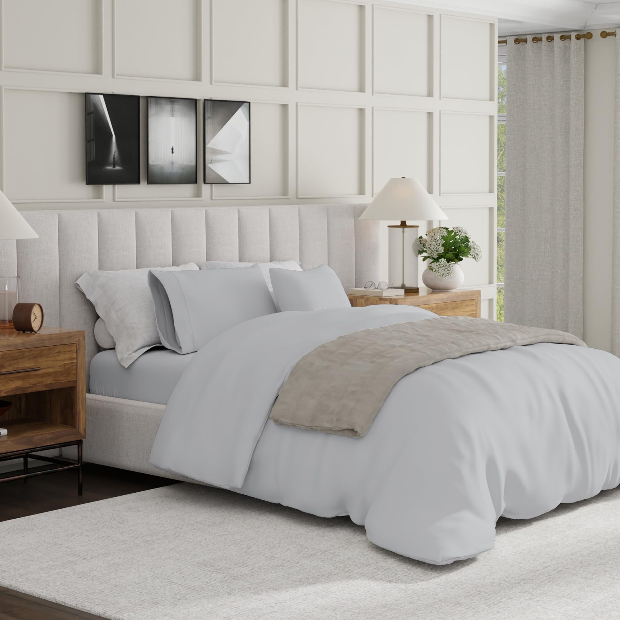 Purity Home 100% Cotton Double Duvet Cover Set 200x200 cm Light Grey – 400 Thread Count Long Staple Cotton Sateen Weave, Silky Soft, Breathable, Wrinkle Resistant, Hotel Quality, Oeko Tex Certified