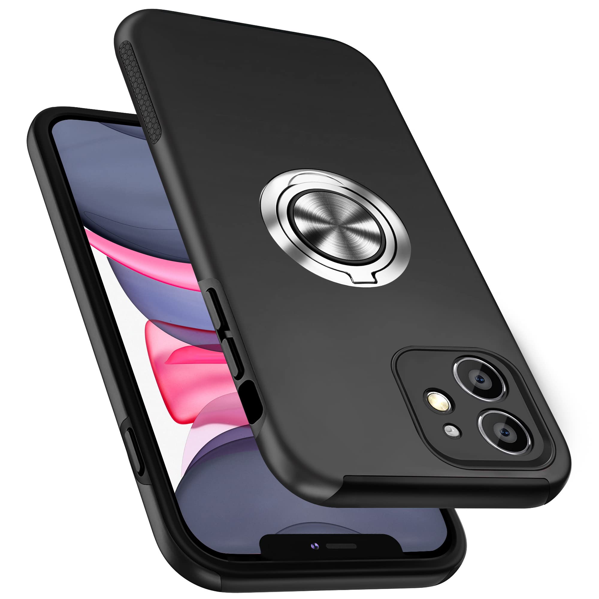 Photo 1 of PELEPUES Shockproof Case for iPhone 11 6.1 inch, [Built-in Camera Cover] Military Grade Phone Case Cover with Embedded Metal Ring Stand Kickstand [Support Magnetic Car Holder] for iPhone 11, Black