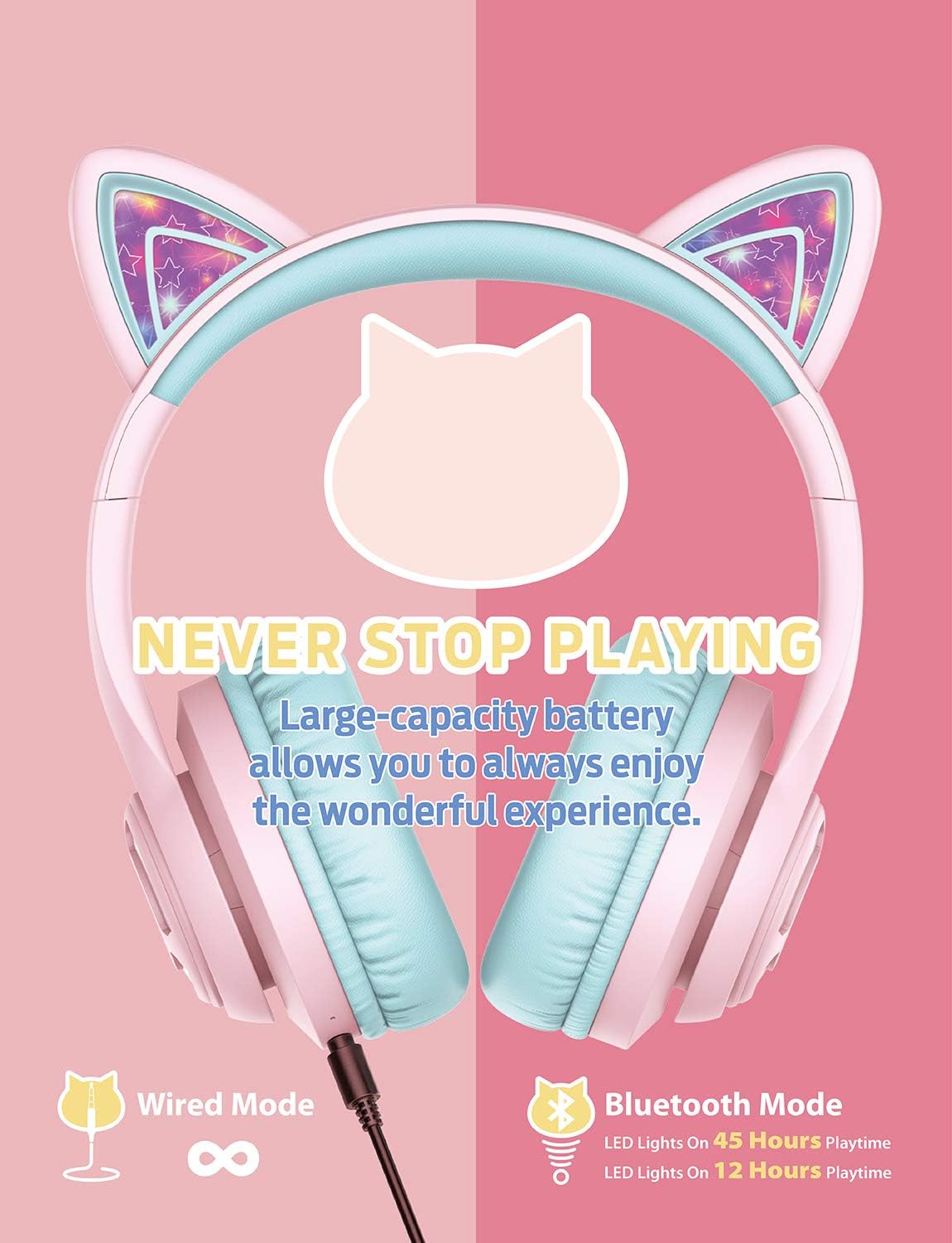 iClever Kids Bluetooth Headphones, BTH13 Cat Ear LED Light Up Kids Headphones Wireless, 50H Playtime - Image 5