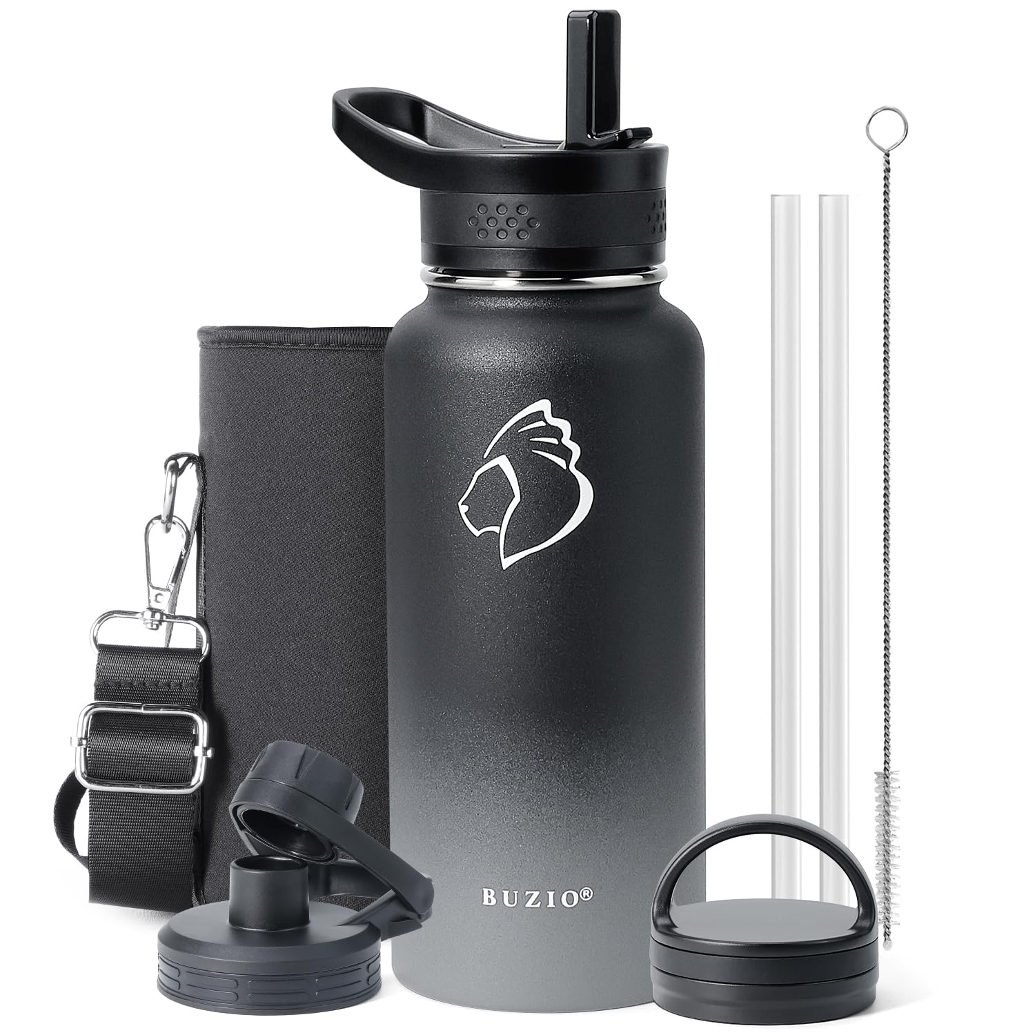 Insulated Water Bottle 1L, BUZIO Stainless Steel Water Bottle with Straw Vacuum Carrying Pouch Double Wall Sweat-Proof Bpa Free Travel Thermo to Keep Beverages Cold for 48 Hrs Or Hot for 24 Hrs — image 1