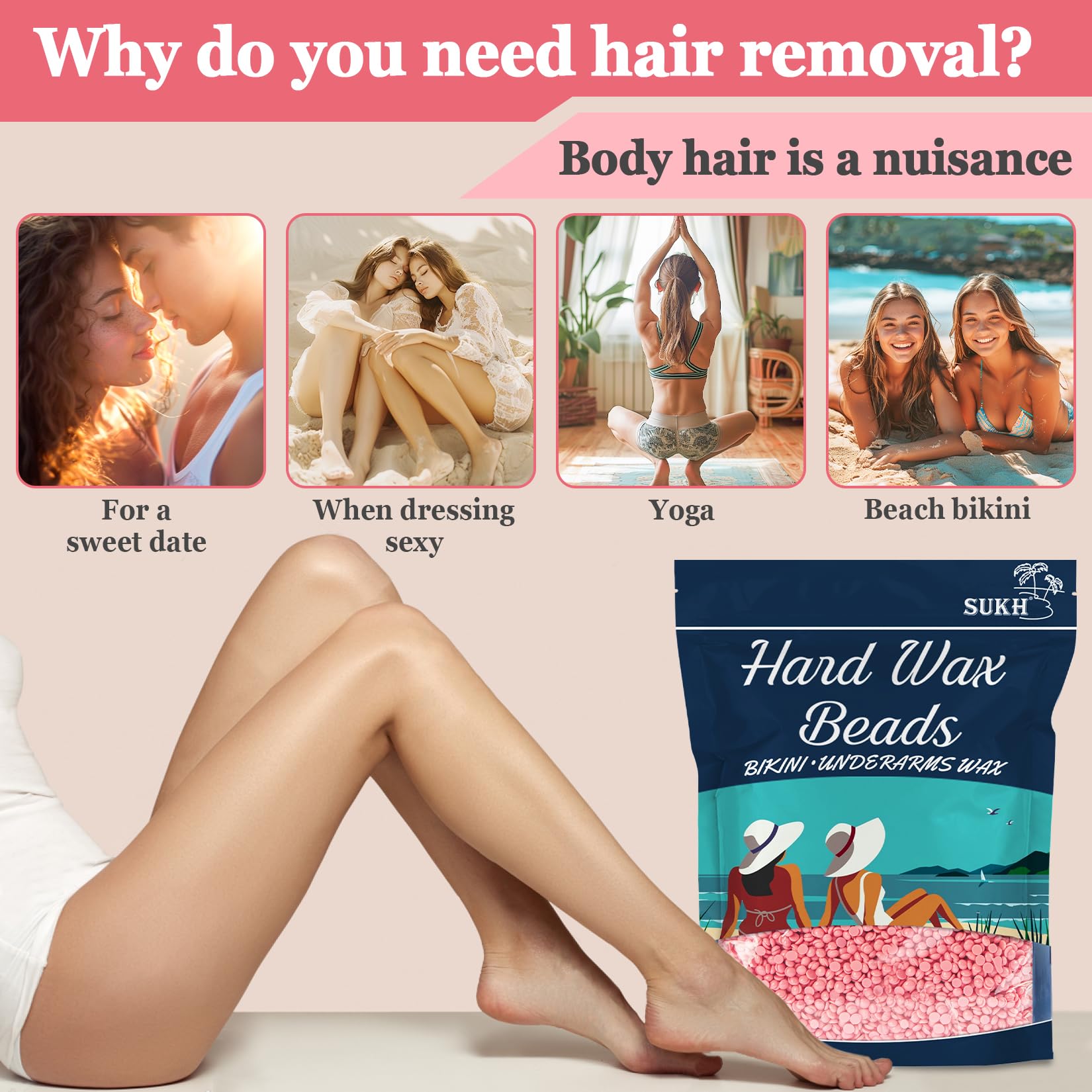 Sukh Hard Wax Beads for Hair-Removal - 430g, Pink, Rosin-Free, Moisturizing, Gentle on Skin, Avoids Razor Burn, Unisex, for Back, Legs, Armpit, Bikini Line, Arms, Body