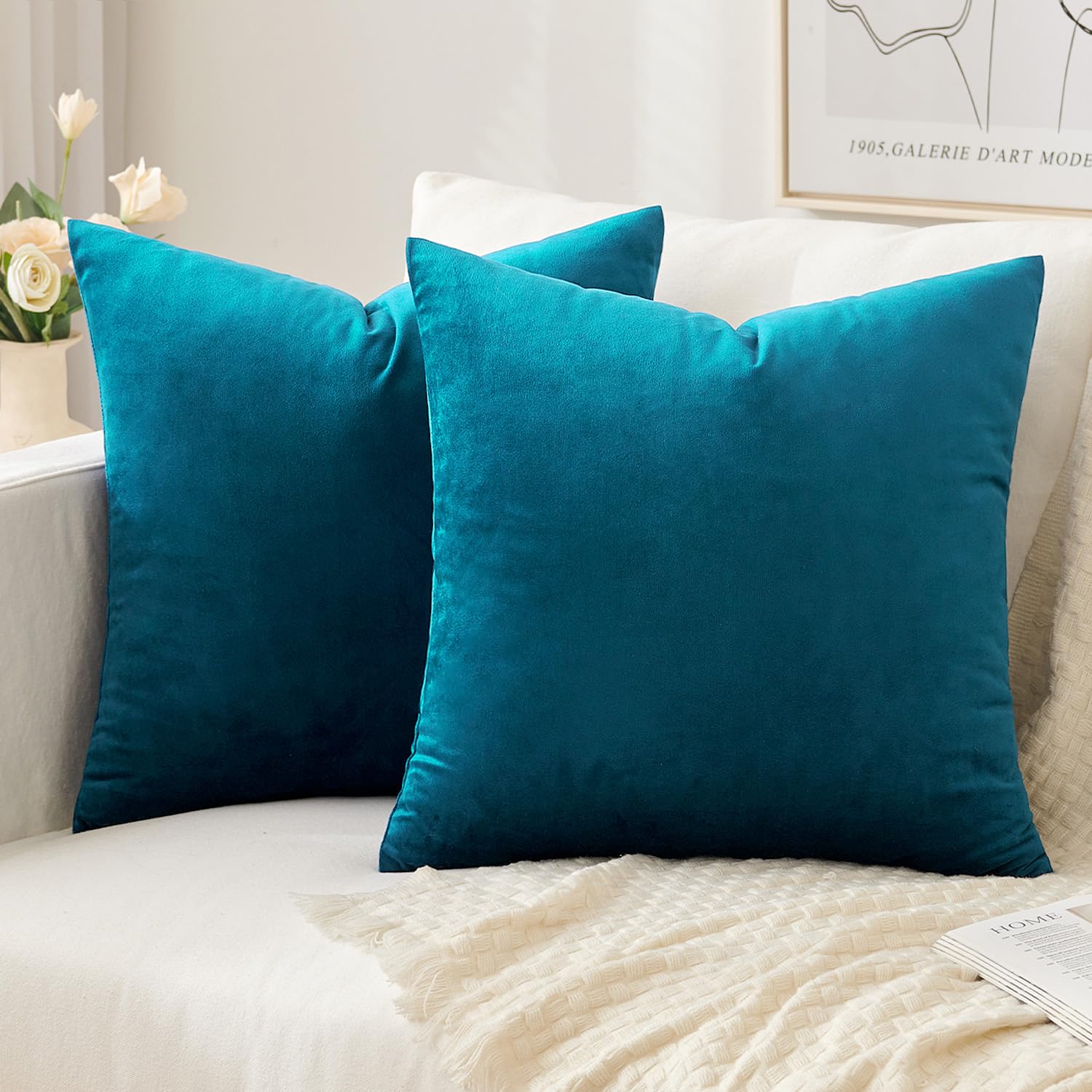 Slozzi Set of 2 Velvet Cushion Covers, Household Decorative Cushion Cover, Soft Sofa Cushion for Sofa, Bedroom, Living Room, 50 x 50 cm, Blue