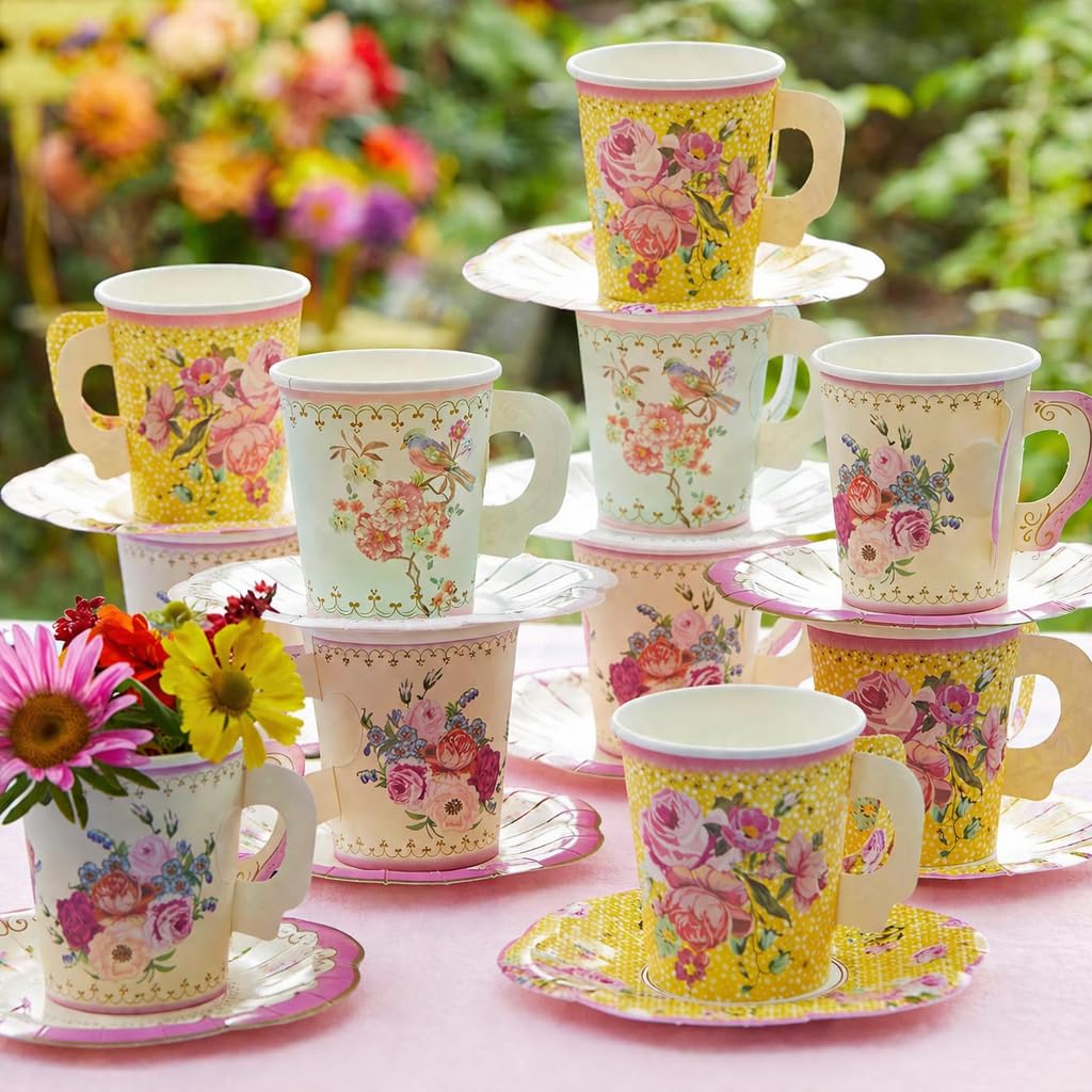 Talking Tables Pack of 24 Vintage Floral Cup & Saucer Afternoon Tea Set, Truly Scrumptious Disposable Tableware for Birthday or Garden Party, Baby Shower, Wedding, TRULYCUPSET24