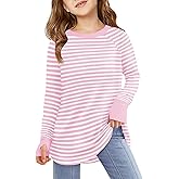 Haloumoning Girls Striped Thumb Hole Long Sleeve Shirts Kids Crewneck Tunic Tops Curved Hem Tees 5-14 Years