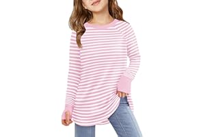 Haloumoning Girls Striped Thumb Hole Long Sleeve Shirts Kids Crewneck Tunic Tops Curved Hem Tees 5-14 Years