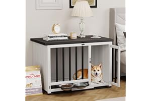 WARCAT Dog Crate Furniture for Medium Dogs, 33'' XL Dog Kennel Indoor with 360° Rotating Feeder and Detachable Tray, Sturdy Wooden Dog Crate Side End Table Easy Assembly, Foldable and Portable