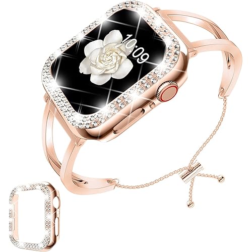 DABAOZA Compatible with Apple Watch Band 42mm with Case, Women Dressy Metal Bracelet Stainless Steel Band with Shiny Protective Bling Bumper Frame Cover for iWatch Series 3/2/1(42mm,Rosegold)