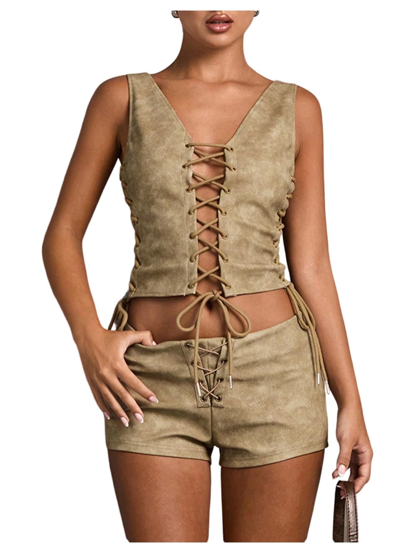 Photo 1 of (bottoms  Floerns Women's Vintage PU Leather Mini Shorts Lace Up Low Waisted Booty Shorts Khaki Small