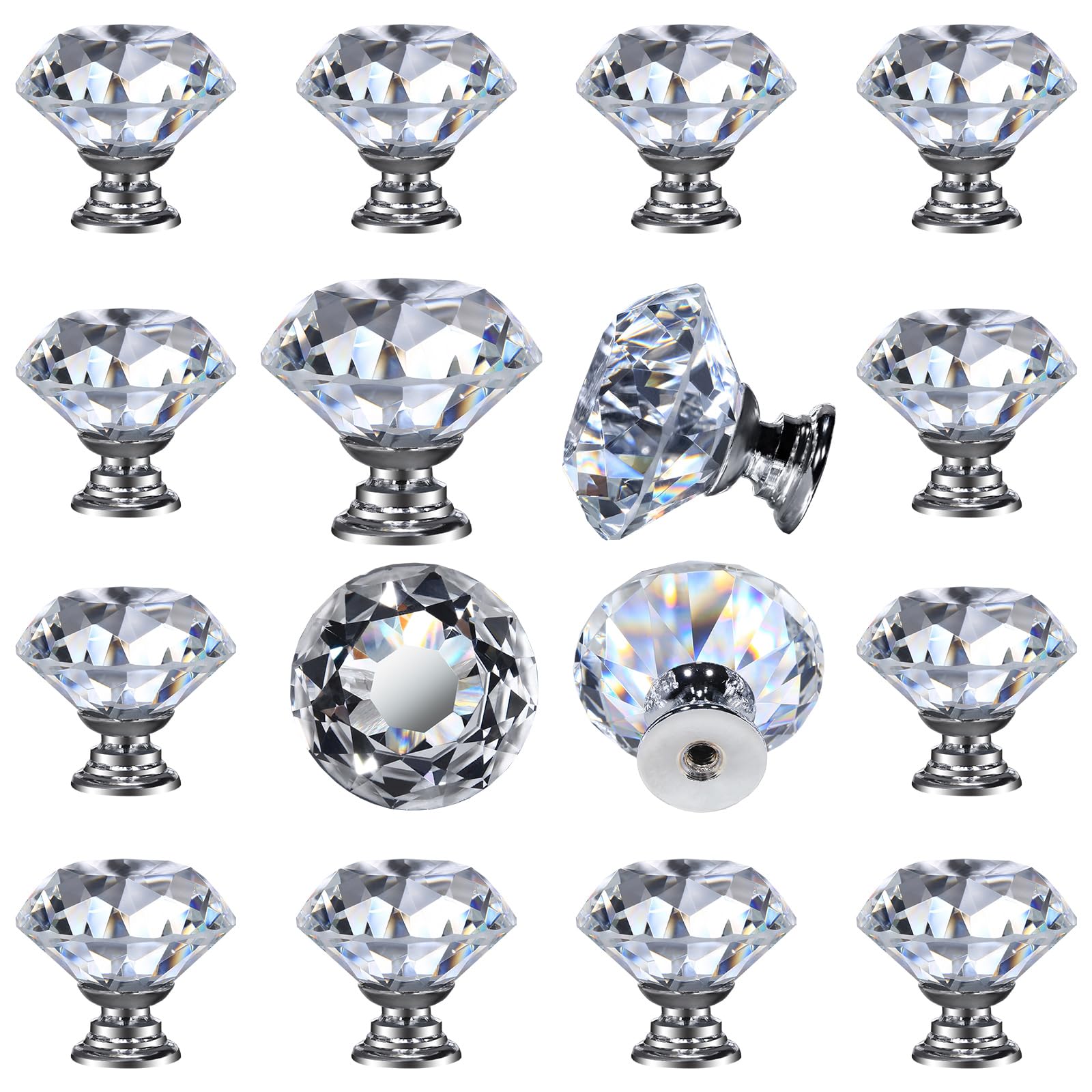 Photo 1 of DEELF 12 Packs Kitchen Cabinet Knobs, 40 mm Crystal Cabinet Knobs, Diamond Dresser Handle Drawer Pulls, Dresser Knobs for Cabinets and Drawers, Silver Base